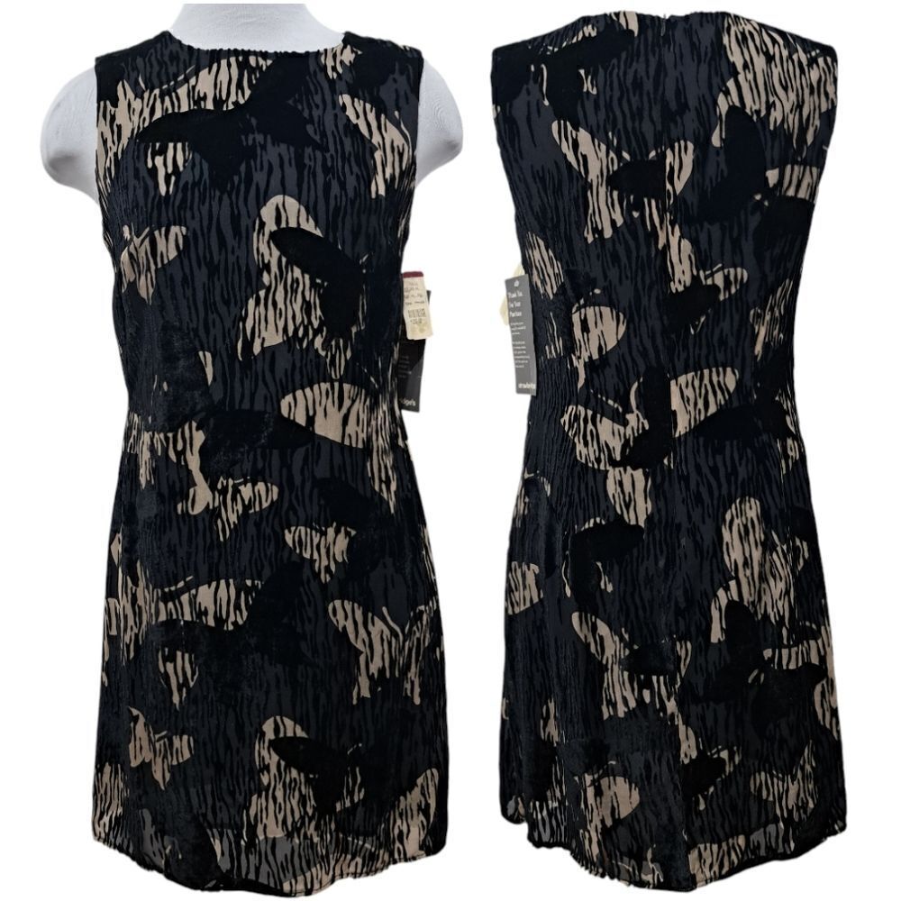 Vintage Tessuto Velvet Butterfly Print Silk Blend A Line Dress Size 8 Black/Mult